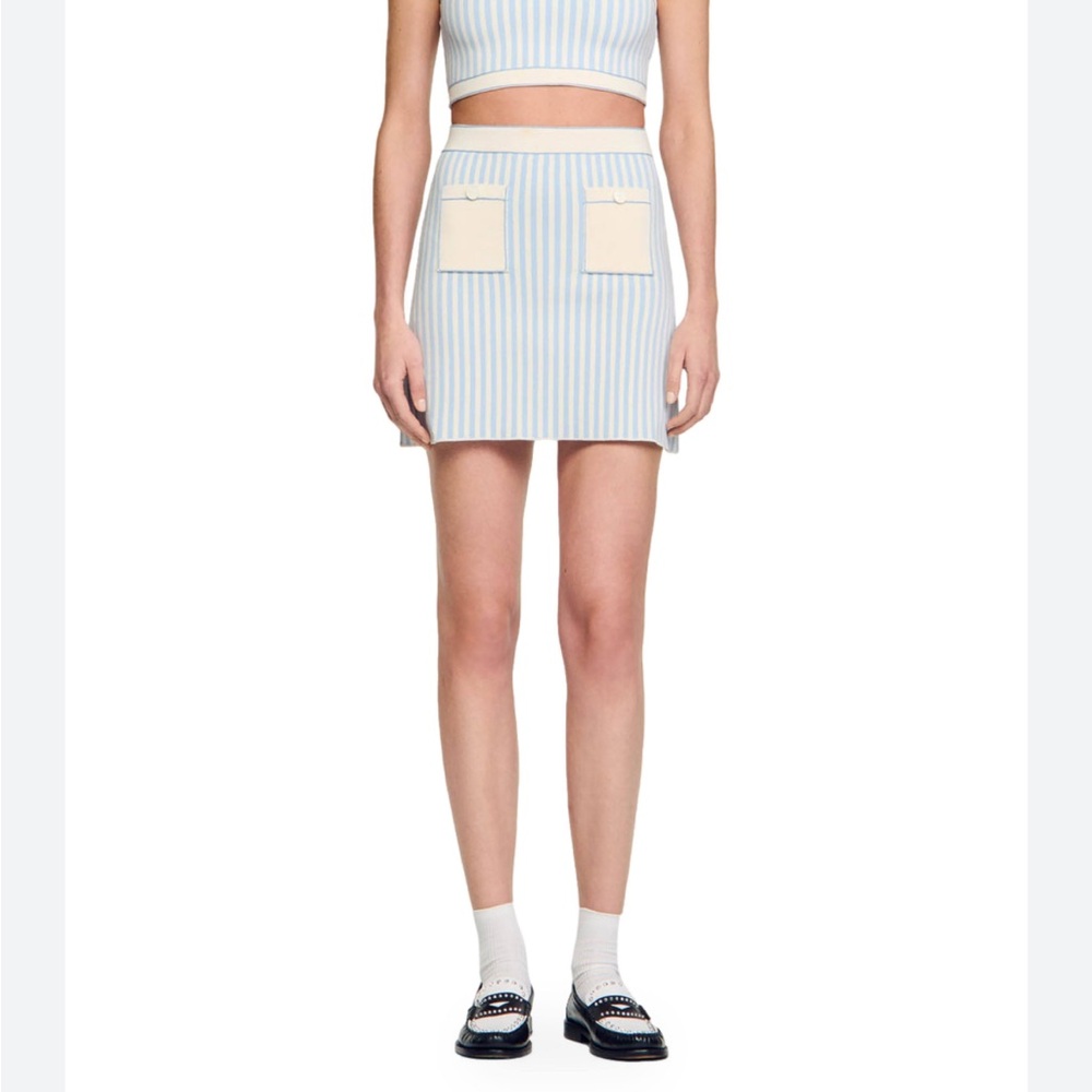 Sandro Paris Bleus Stripe print High rise Knitted Mini Skirt Pocket 42 US 10 NEW - Picture 3 of 13